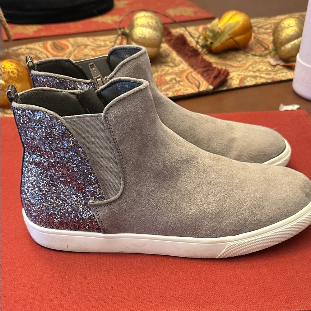 Gray Suede Ankle Boots with Glitter Heel